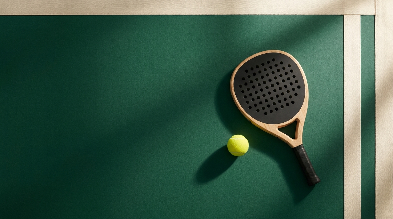 Padel-Schläger und Ball auf grünem Court
